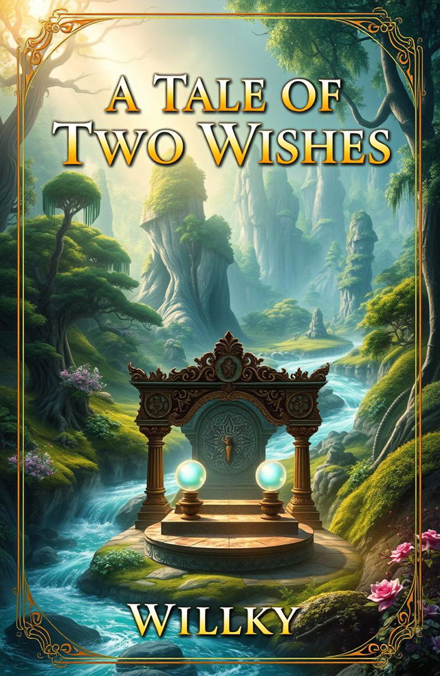 A mystical fantasy novel cover for 'A Tale of Two Wishes' by Willkyy, featuring an enchanting landscape that includes a lush, vibrant forest filled with ancient, towering trees and a sparkling river flowing through it