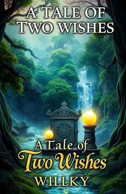 A mystical fantasy novel cover for 'A Tale of Two Wishes' by Willkyy, featuring an enchanting landscape that includes a lush, vibrant forest filled with ancient, towering trees and a sparkling river flowing through it
