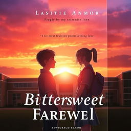 A romantic book cover depicting a pair of teenagers standing in front of a school building during sunset, symbolizing a bittersweet farewell