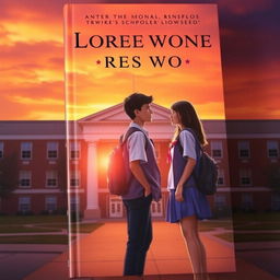 A romantic book cover depicting a pair of teenagers standing in front of a school building during sunset, symbolizing a bittersweet farewell