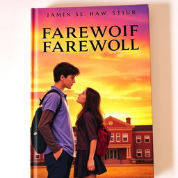 A romantic book cover depicting a pair of teenagers standing in front of a school building during sunset, symbolizing a bittersweet farewell