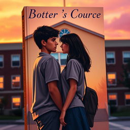 A romantic book cover depicting a pair of teenagers standing in front of a school building during sunset, symbolizing a bittersweet farewell