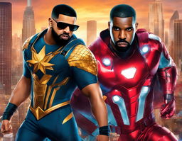 Drake and Kanye West as Marvel superheroes, engaged in an epic battle against the backdrop of a city skyline, with 'Drake vs Kanye: Battle of the Beats' title