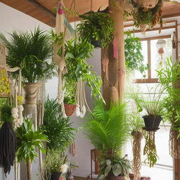 A bohemian style room filled with a variety of lush, vibrant plants, designed in a simple and cute way.