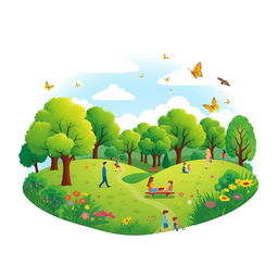 A visually engaging pictogram representing green areas, depicting a serene landscape filled with various elements of nature