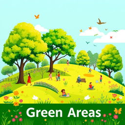A visually engaging pictogram representing green areas, depicting a serene landscape filled with various elements of nature