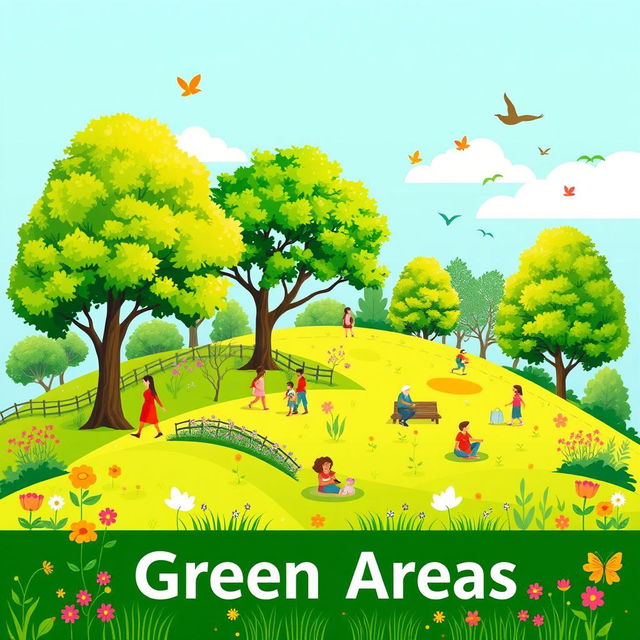 A visually engaging pictogram representing green areas, depicting a serene landscape filled with various elements of nature