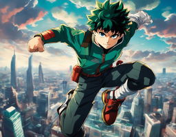 A Marvel-style portrait of Izuku Midoriya from My Hero Academia in a dynamic pose against a dramatic cityscape background.