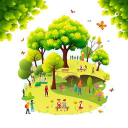 A visually engaging pictogram representing green areas, depicting a serene landscape filled with various elements of nature