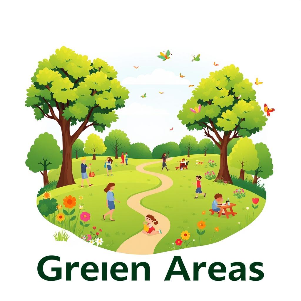 A visually engaging pictogram representing green areas, depicting a serene landscape filled with various elements of nature