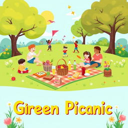A vibrant and cheerful pictogram illustrating a picnic in a park, capturing the joy of outdoor dining and relaxation