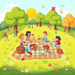 A vibrant and cheerful pictogram illustrating a picnic in a park, capturing the joy of outdoor dining and relaxation