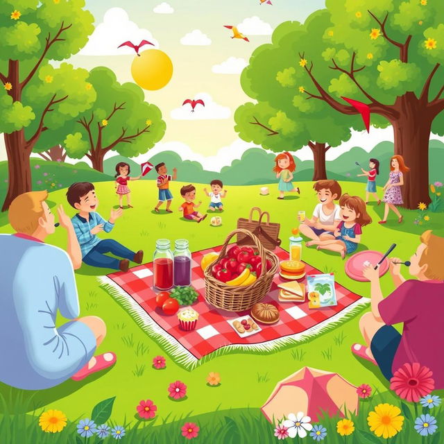 A vibrant and cheerful pictogram illustrating a picnic in a park, capturing the joy of outdoor dining and relaxation