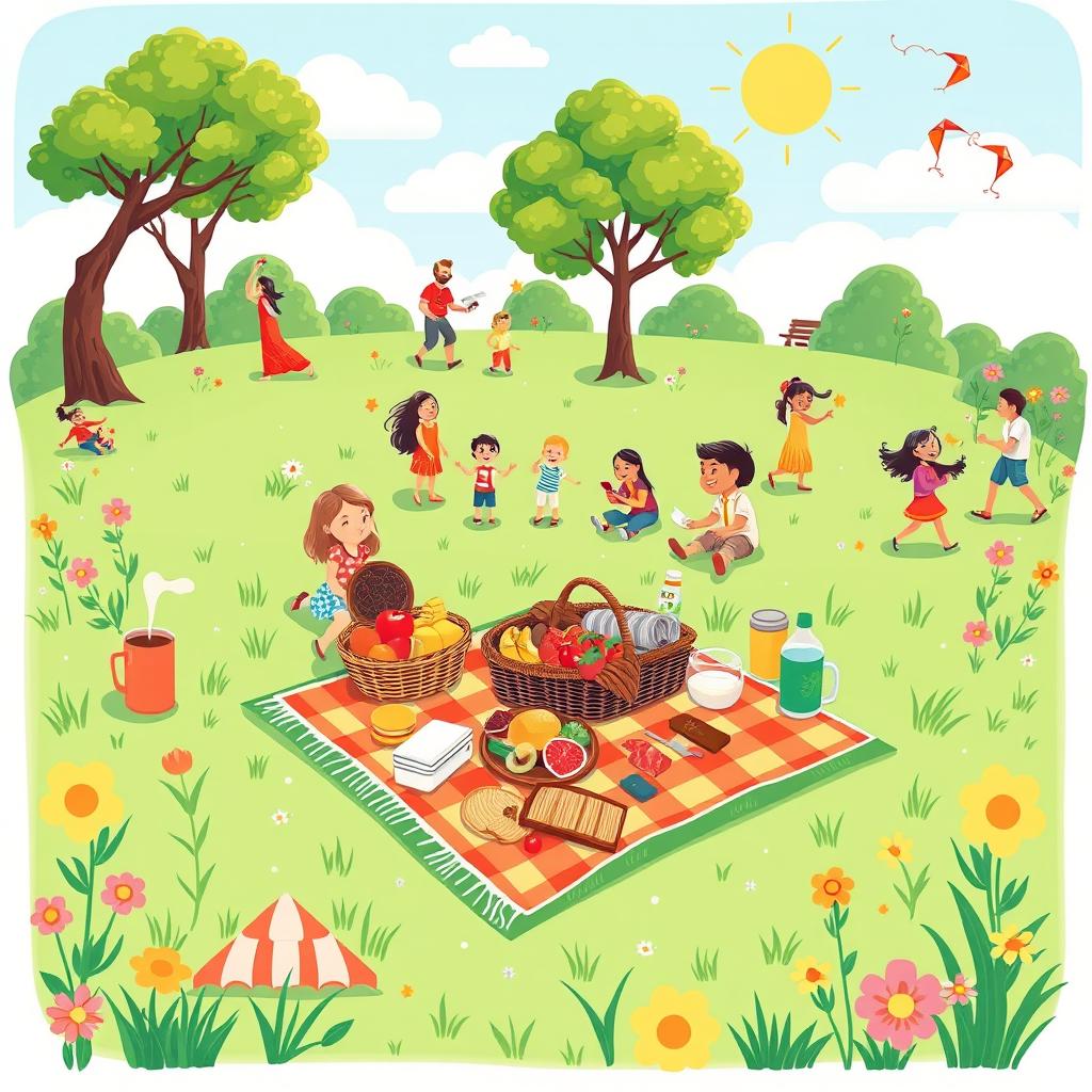 A vibrant and cheerful pictogram illustrating a picnic in a park, capturing the joy of outdoor dining and relaxation