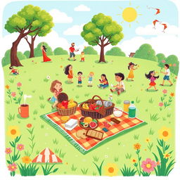 A vibrant and cheerful pictogram illustrating a picnic in a park, capturing the joy of outdoor dining and relaxation