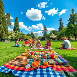 A vibrant and cheerful picnic scene in a park, featuring a colorful picnic blanket spread on lush green grass