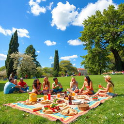 A vibrant and cheerful picnic scene in a park, featuring a colorful picnic blanket spread on lush green grass