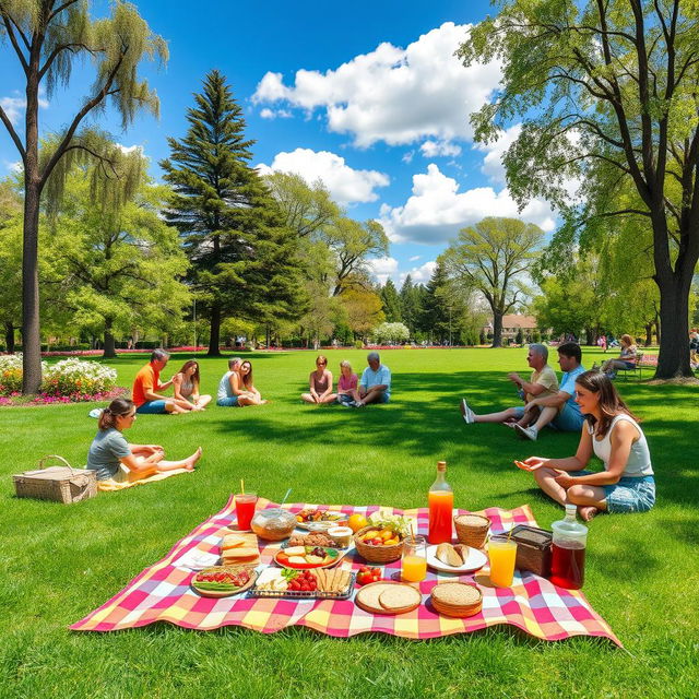 A vibrant and cheerful picnic scene in a park, featuring a colorful picnic blanket spread on lush green grass