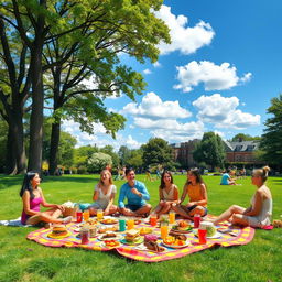 A vibrant and cheerful picnic scene in a park, featuring a colorful picnic blanket spread on lush green grass