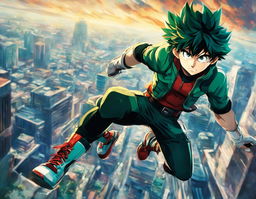 A Marvel-style portrait of Izuku Midoriya from My Hero Academia in a dynamic pose against a dramatic cityscape background.