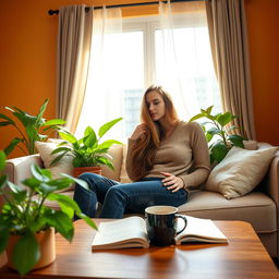 A young woman sitting comfortably inside a cozy, sunlit living room