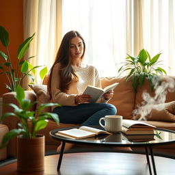 A young woman sitting comfortably inside a cozy, sunlit living room