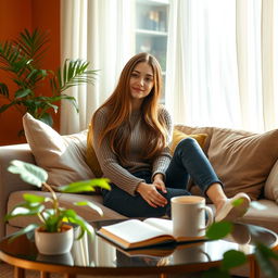 A young woman sitting comfortably inside a cozy, sunlit living room
