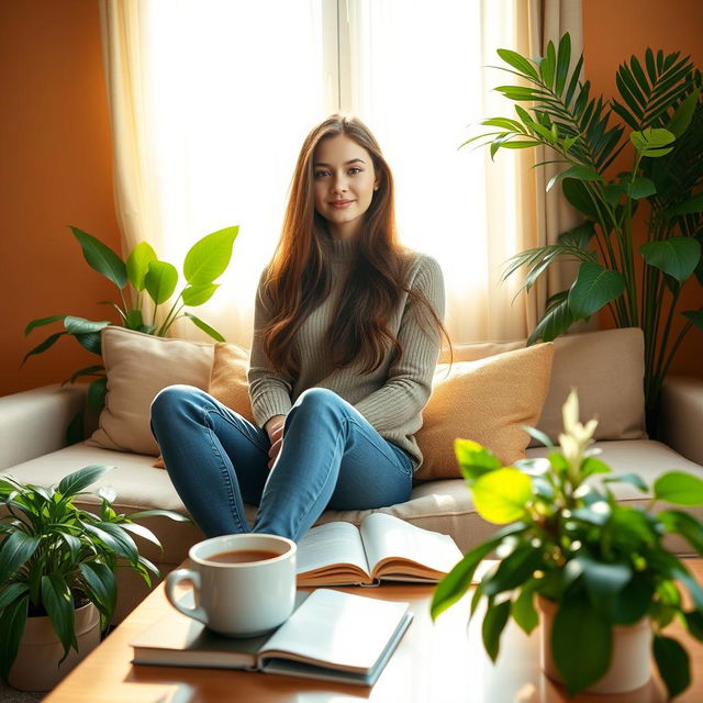 A young woman sitting comfortably inside a cozy, sunlit living room