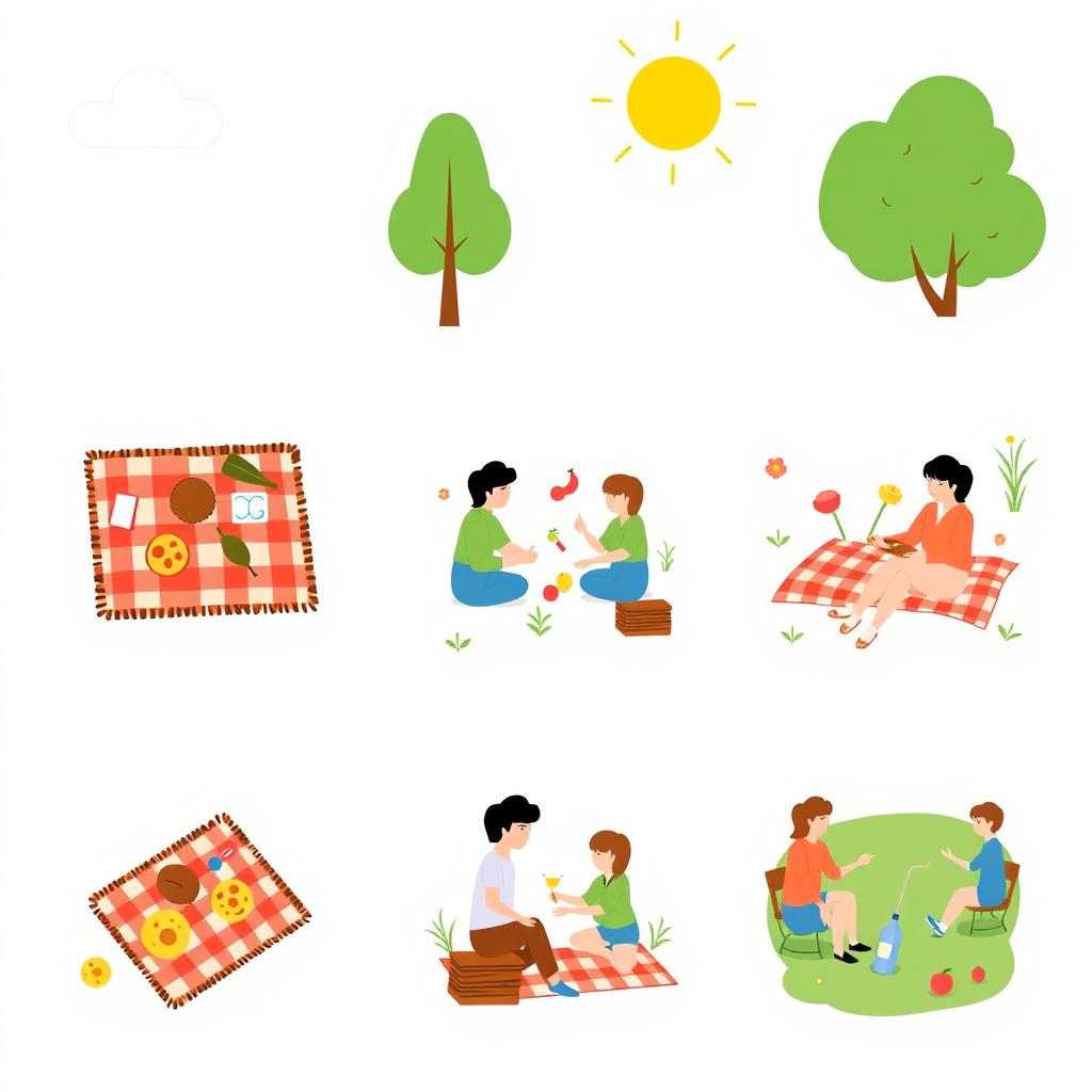 A collection of pictograms illustrating a picnic in a park