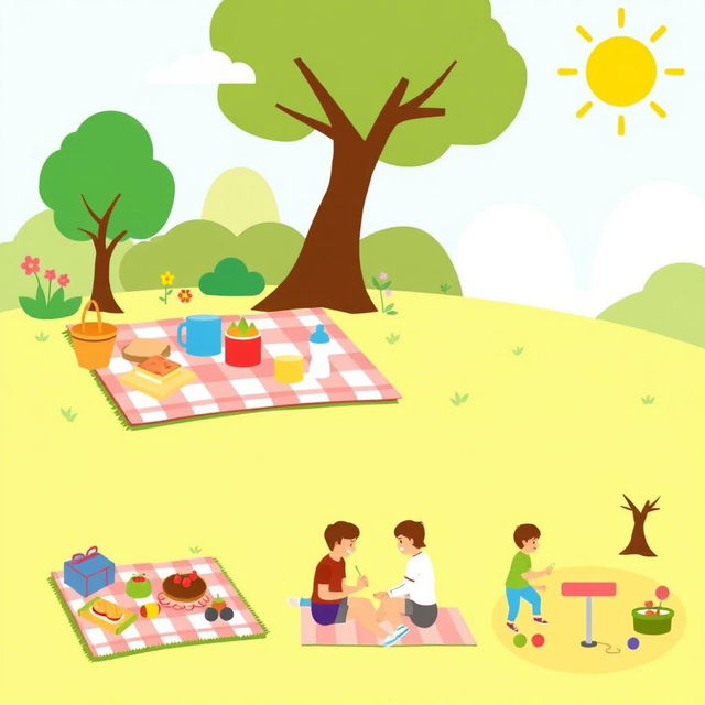 A collection of pictograms illustrating a picnic in a park