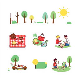A collection of pictograms illustrating a picnic in a park
