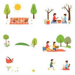 A collection of pictograms illustrating a picnic in a park