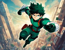 A Marvel-style portrait of Izuku Midoriya from My Hero Academia in a dynamic pose against a dramatic cityscape background.