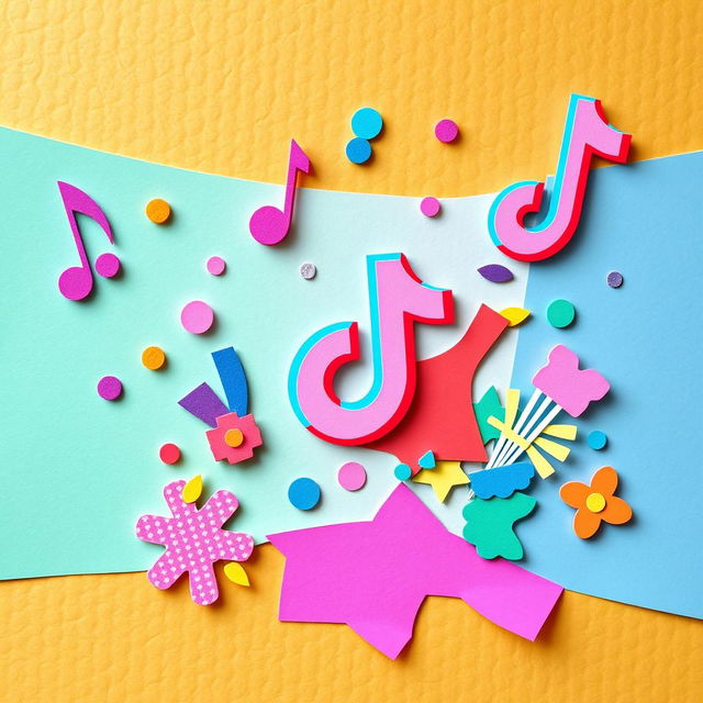 A creative paper collage representing the TikTok theme, featuring various cut-out shapes and vibrant colors