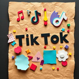 A creative paper collage representing the TikTok theme, featuring various cut-out shapes and vibrant colors