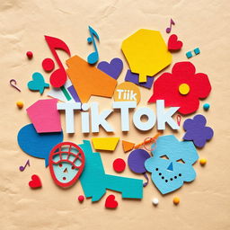 A creative paper collage representing the TikTok theme, featuring various cut-out shapes and vibrant colors