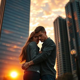 A heart-wrenching scene depicting a couple standing in front of modern skyscrapers during sunset
