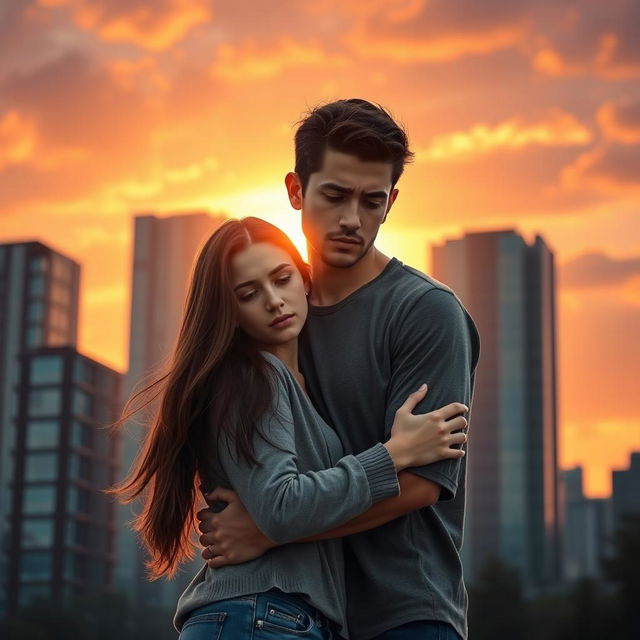 A heart-wrenching scene depicting a couple standing in front of modern skyscrapers during sunset