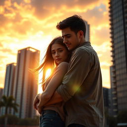 A heart-wrenching scene depicting a couple standing in front of modern skyscrapers during sunset