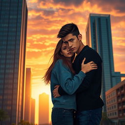 A heart-wrenching scene depicting a couple standing in front of modern skyscrapers during sunset