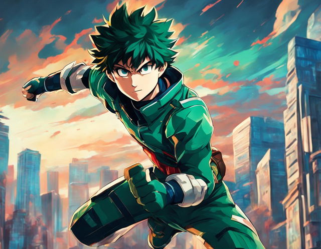 A Marvel-style portrait of Izuku Midoriya from My Hero Academia in a dynamic pose against a dramatic cityscape background.