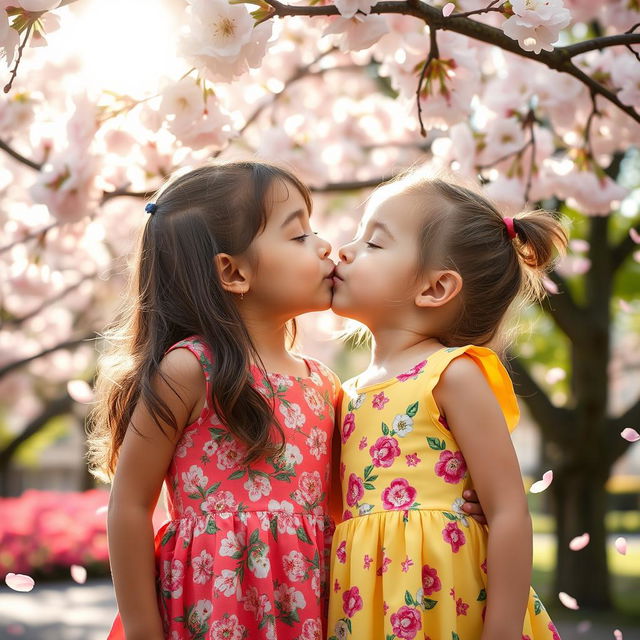 A heartwarming scene of two young girls sharing a sweet, innocent kiss on the cheek under a blooming cherry blossom tree