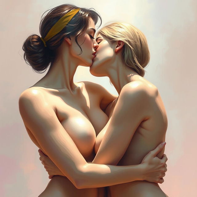 An artistic portrayal of two female figures intertwined in a tender kiss, capturing a moment of intimacy