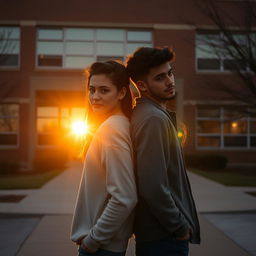 A pair of lovers standing back to back in front of a school building during sunset, preparing to part ways
