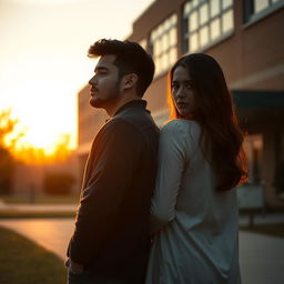A pair of lovers standing back to back in front of a school building during sunset, preparing to part ways