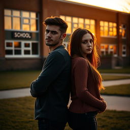 A pair of lovers standing back to back in front of a school building during sunset, preparing to part ways