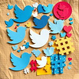 A colorful paper collage inspired by Twitter, featuring various cut-out shapes representing the essence of the platform