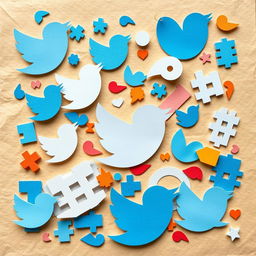 A colorful paper collage inspired by Twitter, featuring various cut-out shapes representing the essence of the platform