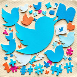 A colorful paper collage inspired by Twitter, featuring various cut-out shapes representing the essence of the platform