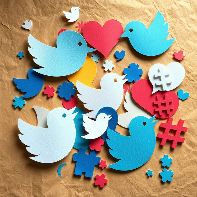 A colorful paper collage inspired by Twitter, featuring various cut-out shapes representing the essence of the platform